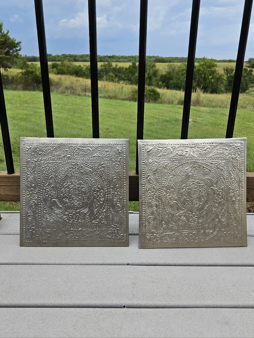 Pair Hosley Silver Metal Wall Tiles Embossed Floral Plaques Boho Shabby Chic 12